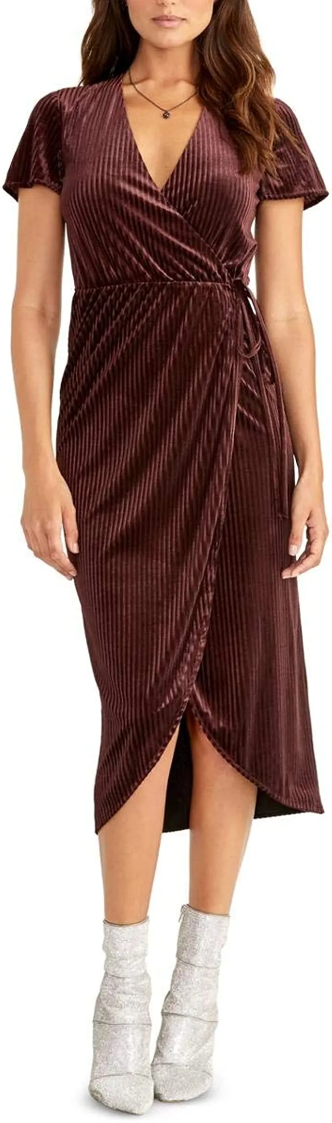 RACHEL Rachel Roy Womens Nomi Ribbed Midi Wrap Dress Purple XS