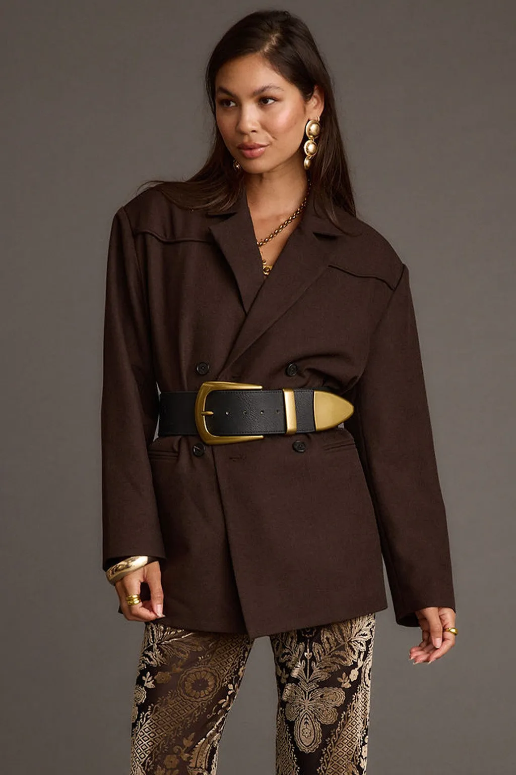 Rebel Brown Belted Double Breasted Blazer