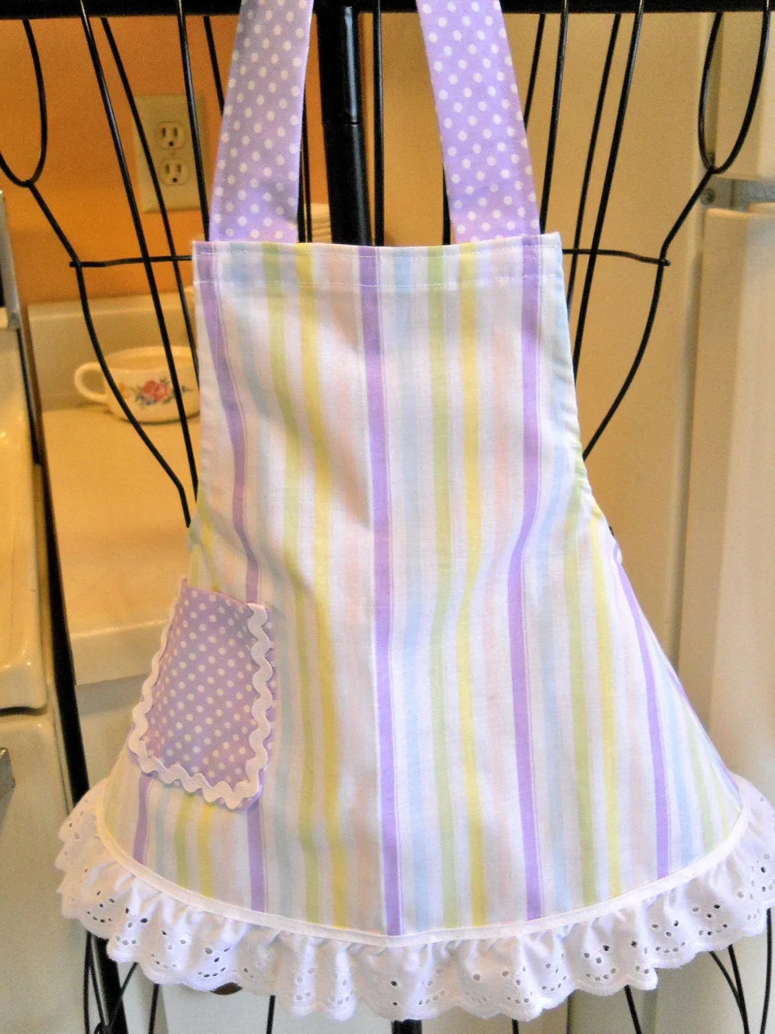 Retro Style Infant Toddler Children's Apron in Stripes with Purple Polka Dots size 6 months