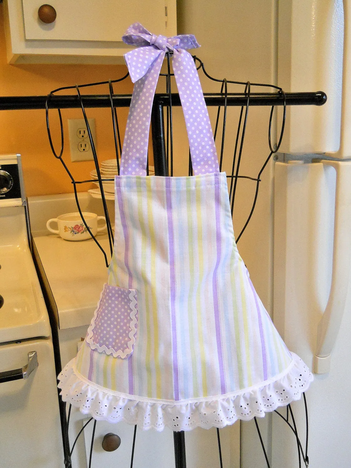 Retro Style Infant Toddler Children's Apron in Stripes with Purple Polka Dots size 6 months