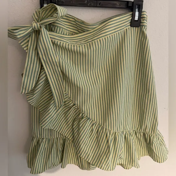 Revolve Walter Baker Sonny ruffled striped poplin mini wrap skirt yellow green