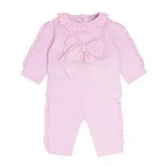Seersucker stripe large bow jogset in baby pink and white