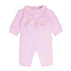 Seersucker stripe large bow jogset in baby pink and white