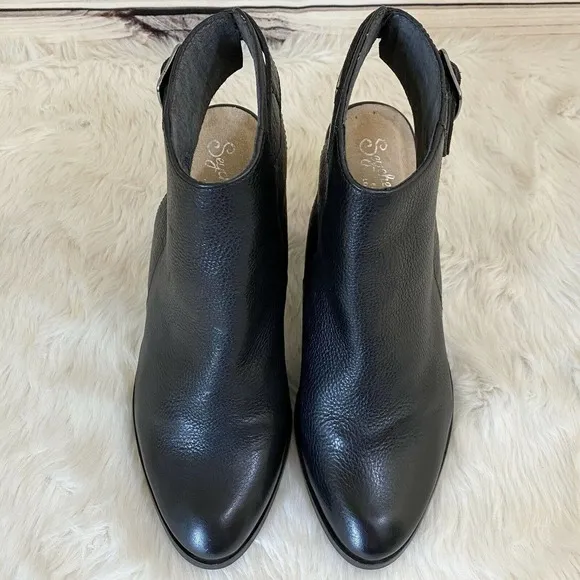 SEYCHELLES Caravan Open Back Booties SZ 8 Black Leather Buckle Detail Ankle Boot