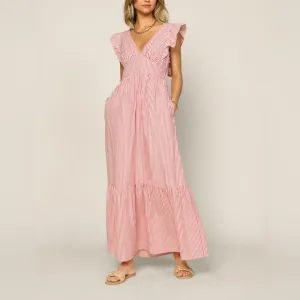 Skies Are Blue Striped Tie Back Ruffled Maxi Cotton Dress Coral Red Medium