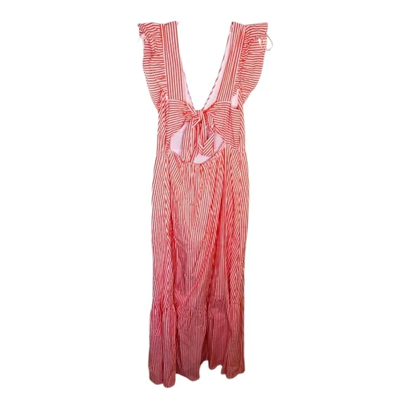 Skies Are Blue Striped Tie Back Ruffled Maxi Cotton Dress Coral Red Medium
