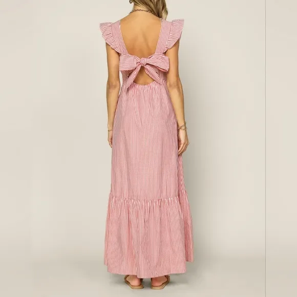 Skies Are Blue Striped Tie Back Ruffled Maxi Cotton Dress Coral Red Medium