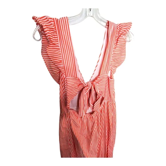 Skies Are Blue Striped Tie Back Ruffled Maxi Cotton Dress Coral Red Medium