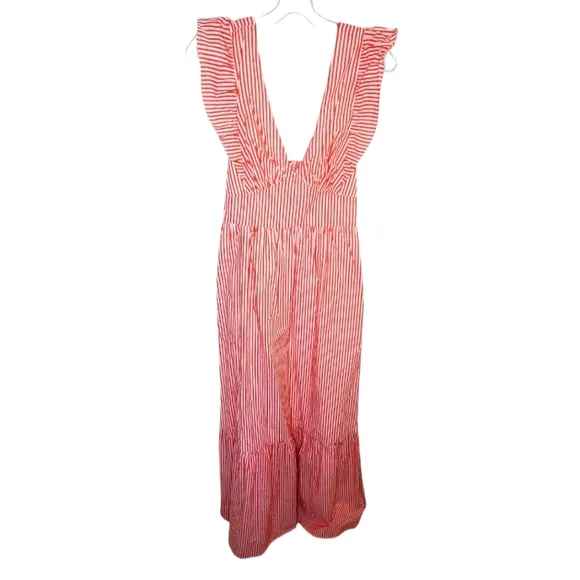 Skies Are Blue Striped Tie Back Ruffled Maxi Cotton Dress Coral Red Medium