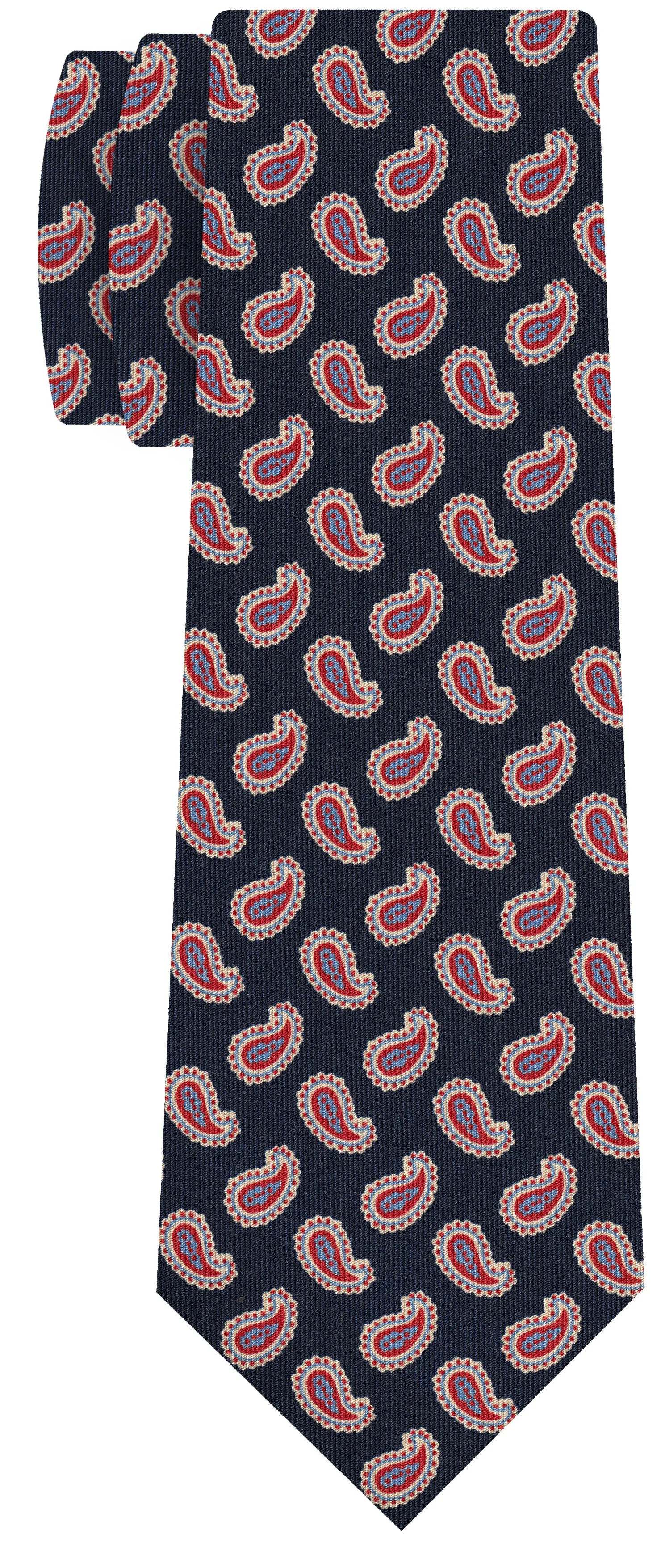 Sky Blue, Red & Off-White on Midnight Blue Macclesfield Print Pattern Silk Bow Tie MCBT-506