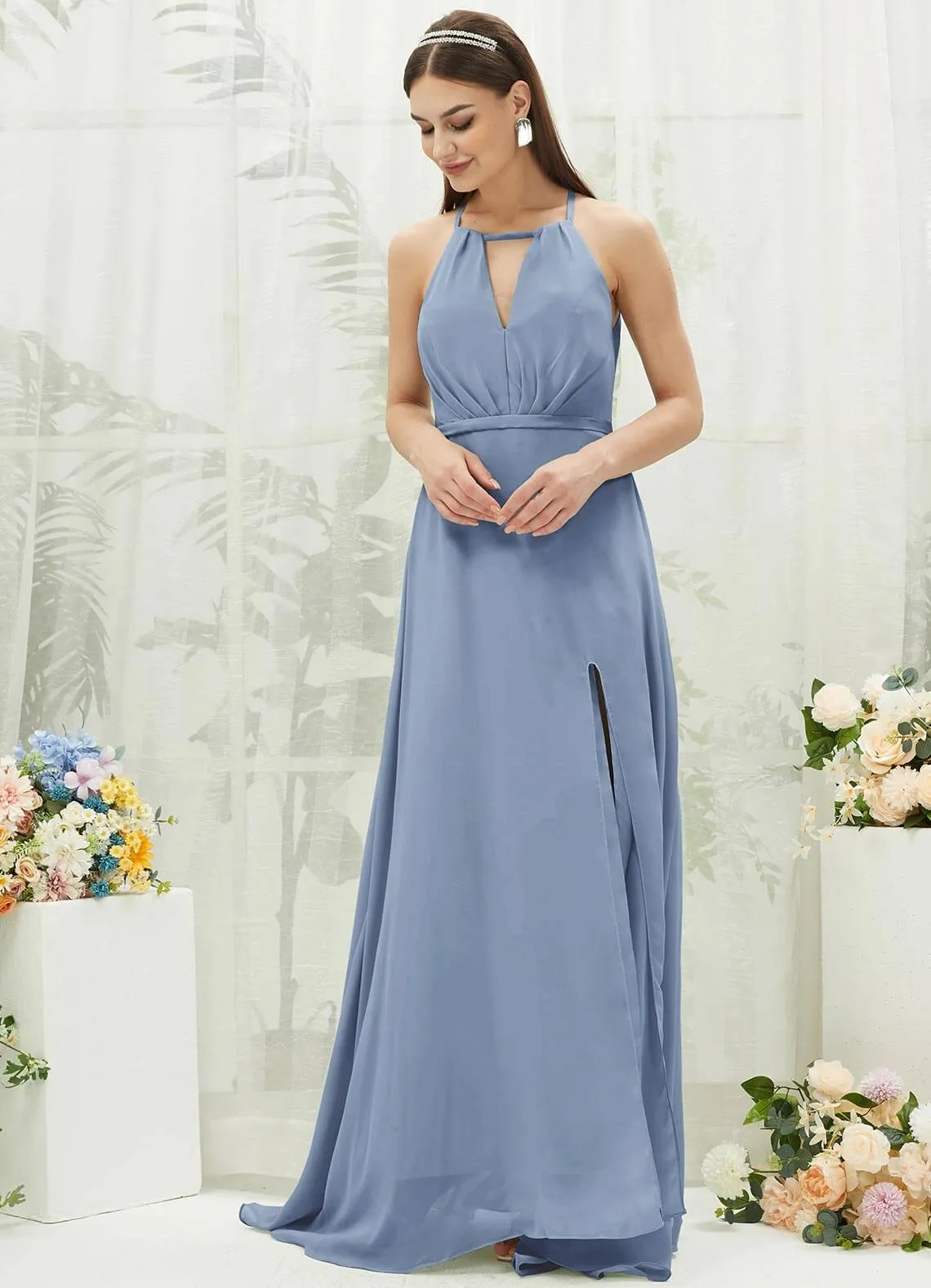 Slate Blue Chiffon Halter V-Neck Slit  Backless Maxi Bridesmaid Dress