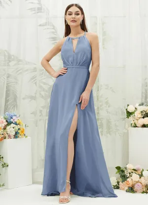 Slate Blue Chiffon Halter V-Neck Slit  Backless Maxi Bridesmaid Dress