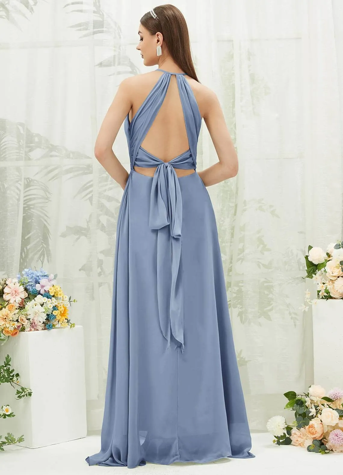 Slate Blue Chiffon Halter V-Neck Slit  Backless Maxi Bridesmaid Dress