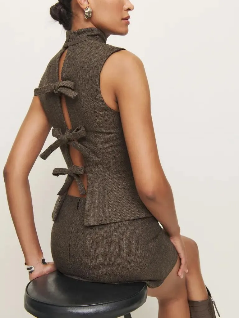 Sleeveless Bow Backless Skirt Set