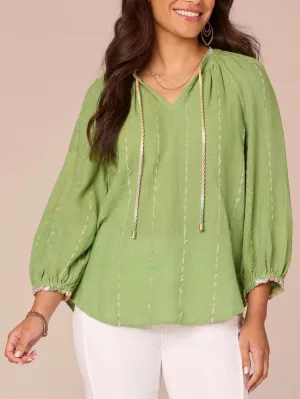 Split Neck Crochet Edge Top - Green Tea