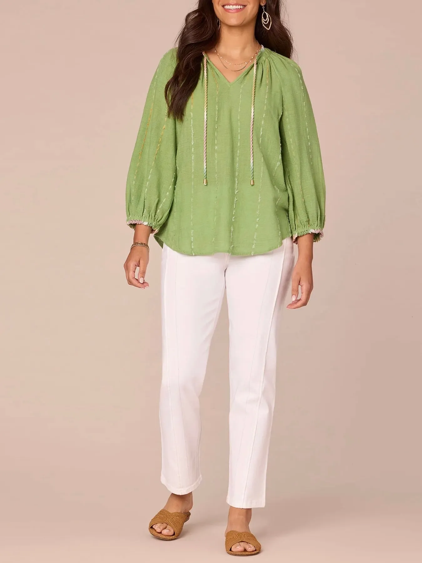 Split Neck Crochet Edge Top - Green Tea