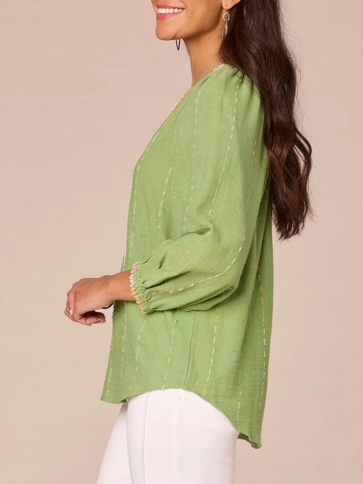 Split Neck Crochet Edge Top - Green Tea