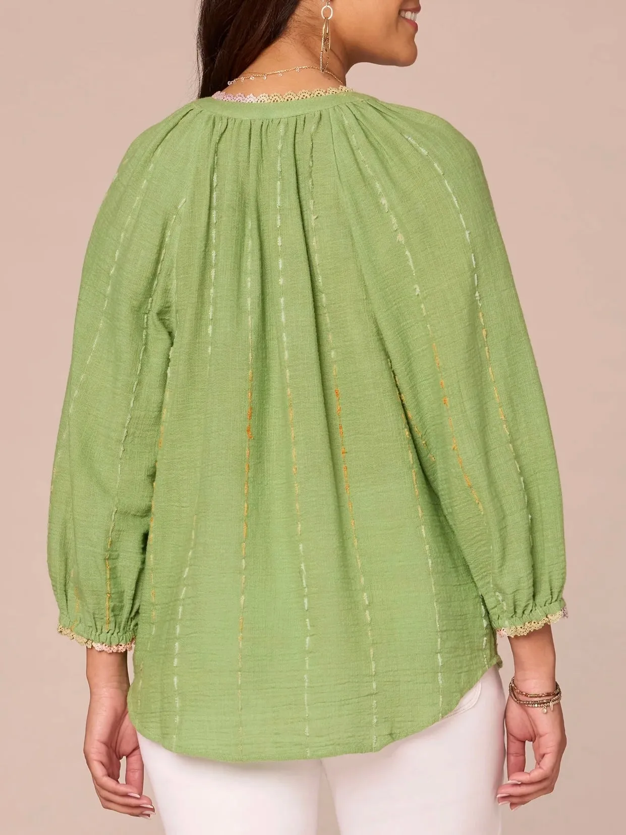 Split Neck Crochet Edge Top - Green Tea