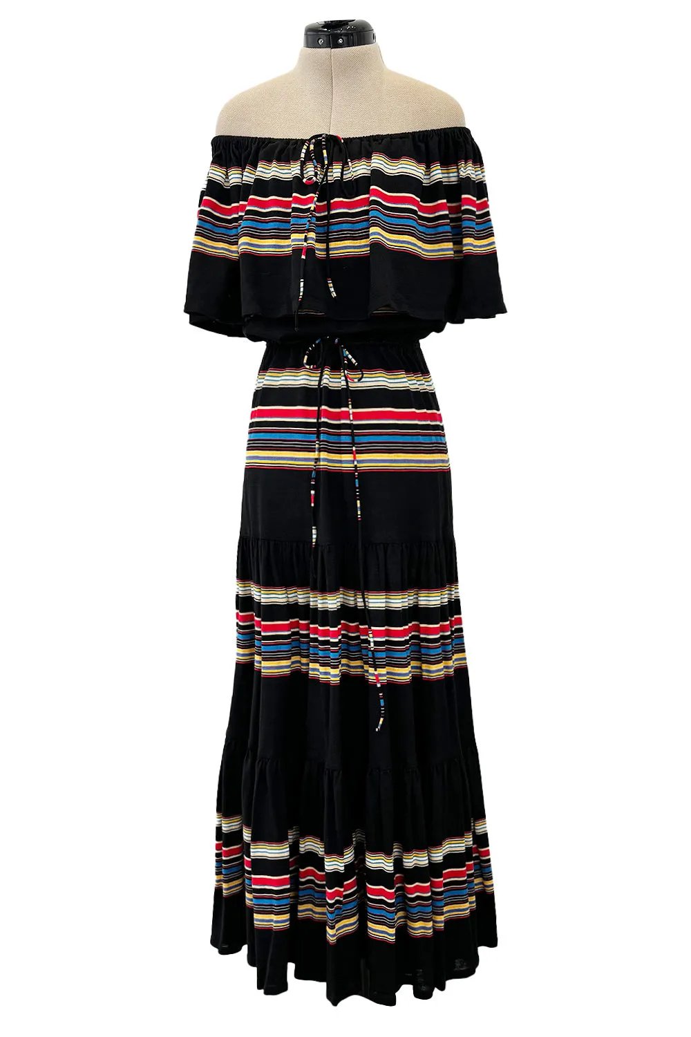 Spring 1977 Christian Dior by Marc Bohan Black Cotton Jersey Striped Off Shoulder Ruffled Dress