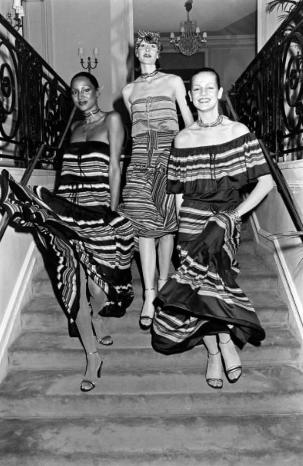 Spring 1977 Christian Dior by Marc Bohan Black Cotton Jersey Striped Off Shoulder Ruffled Dress