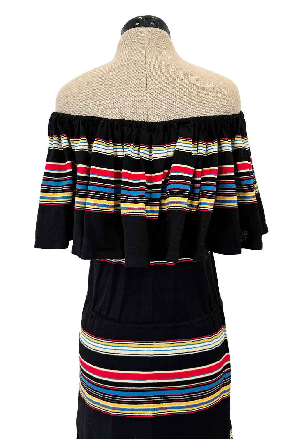 Spring 1977 Christian Dior by Marc Bohan Black Cotton Jersey Striped Off Shoulder Ruffled Dress