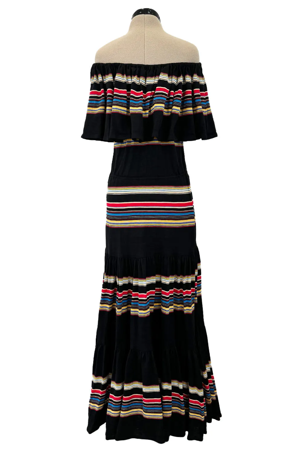 Spring 1977 Christian Dior by Marc Bohan Black Cotton Jersey Striped Off Shoulder Ruffled Dress
