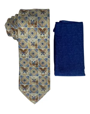 Stacy Adams Geo Medallion Tie and Handkerchief - Ivory & Blue