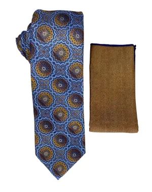 Stacy Adams Geometric Tie and Handkerchief - Gold and Blue