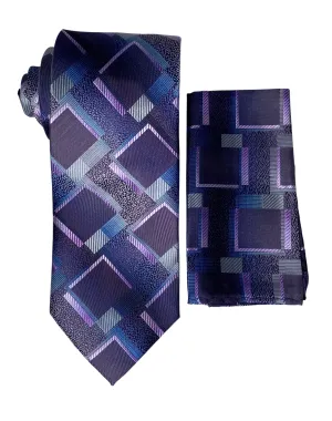 Stacy Adams Geometric Tie and Handkerchief - Purple & Blue