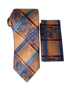 Stacy Adams Paisley Plaid Tie and Handkerchief - Orange & Blue