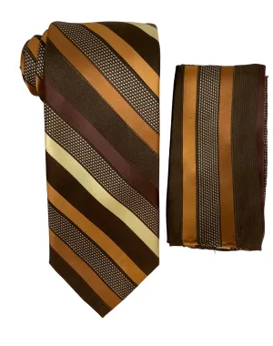 Stacy Adams Stripe Tie and Handkerchief - Brown & Tan