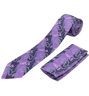 Stacy Adams Tie and Handkerchief - Purple and Plum Striped Paisley T61