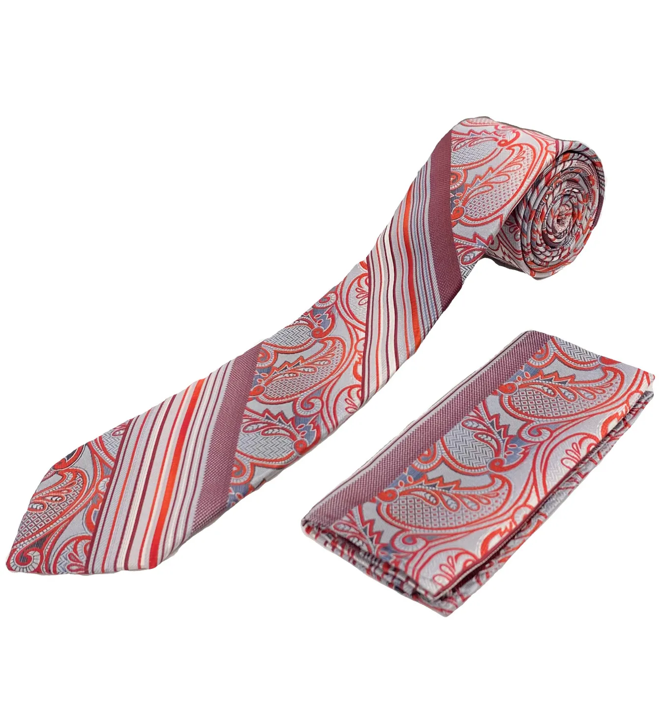 Stacy Adams Tie and Handkerchief - Red and Silver Paisley Stripes T73