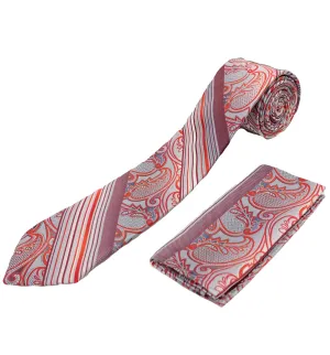 Stacy Adams Tie and Handkerchief - Red and Silver Paisley Stripes T73