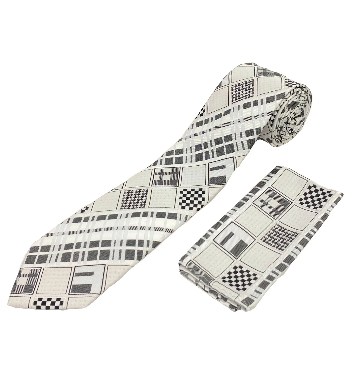 Stacy Adams Tie and Handkerchief - White and Black Multi-Pattern T30