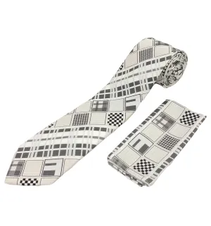 Stacy Adams Tie and Handkerchief - White and Black Multi-Pattern T30