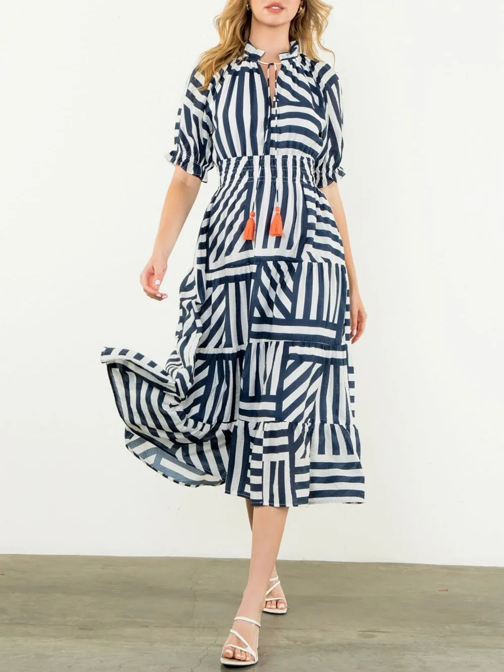 Stripe Tier Dress - Navy
