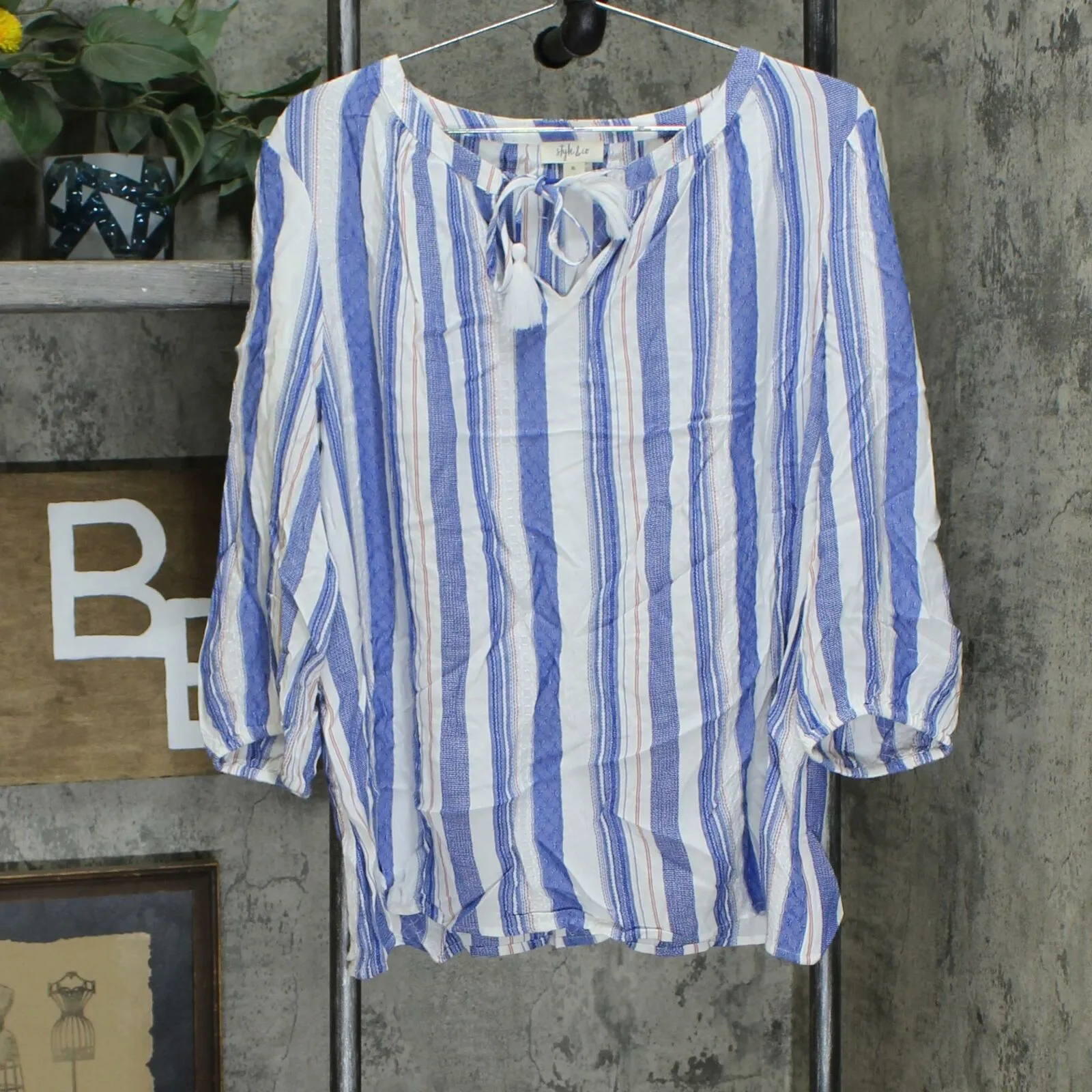 Style & Co. Split Neck Woven Blouse With Tassle Ties Diamond Line XL