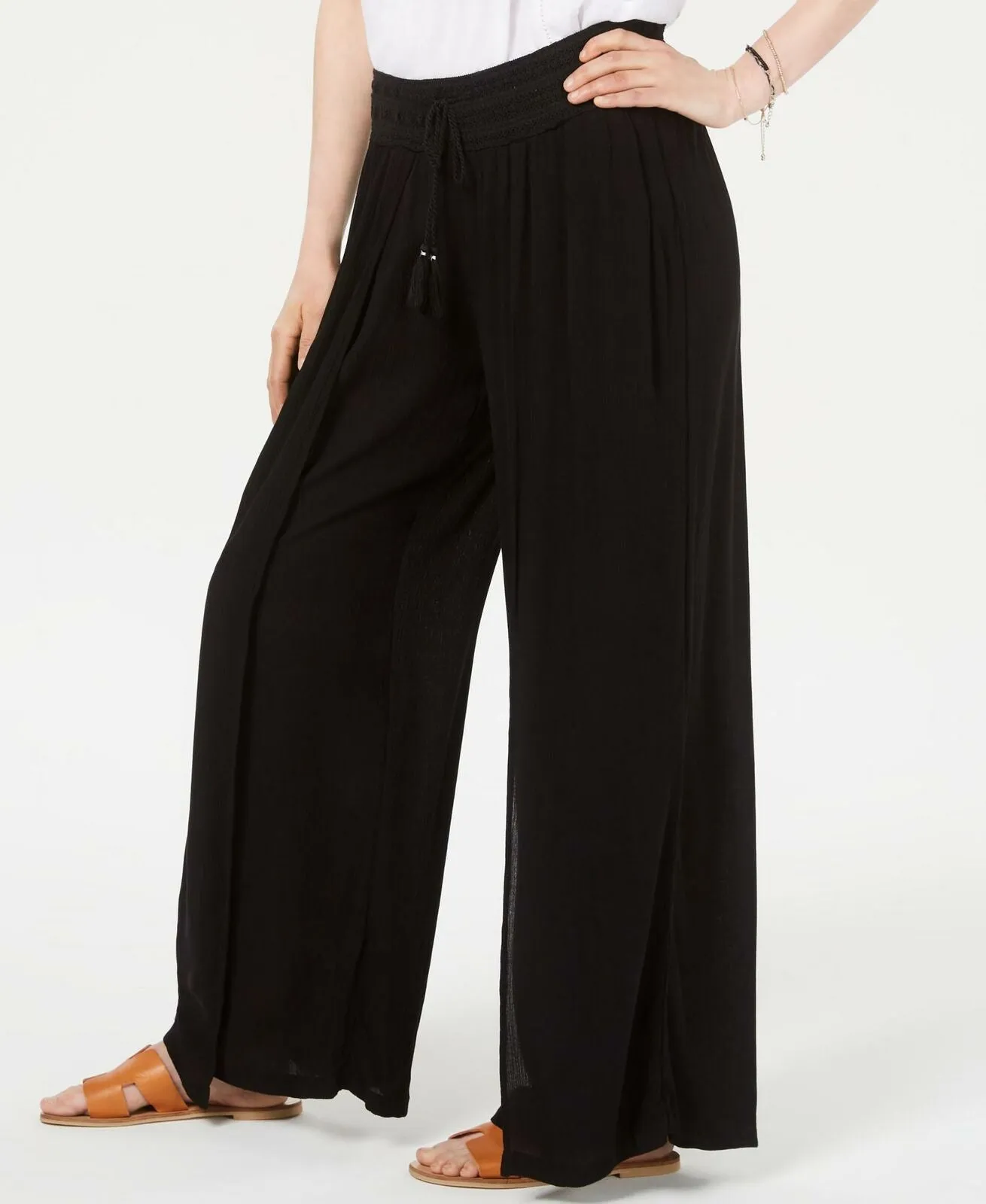 Style & Co Women's Textured Tie Waist Wide Leg Pants Deep Black XXL