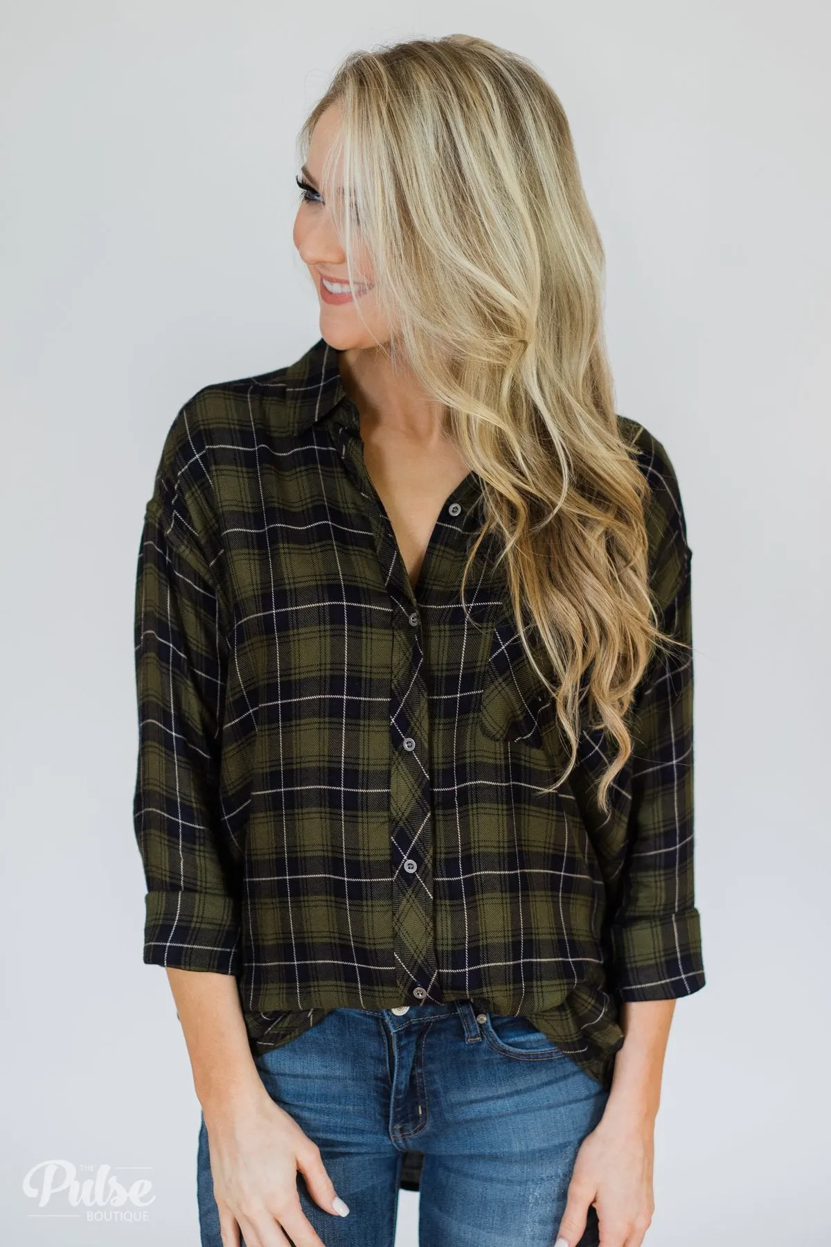 Take It Away Plaid Top- Olive & Navy