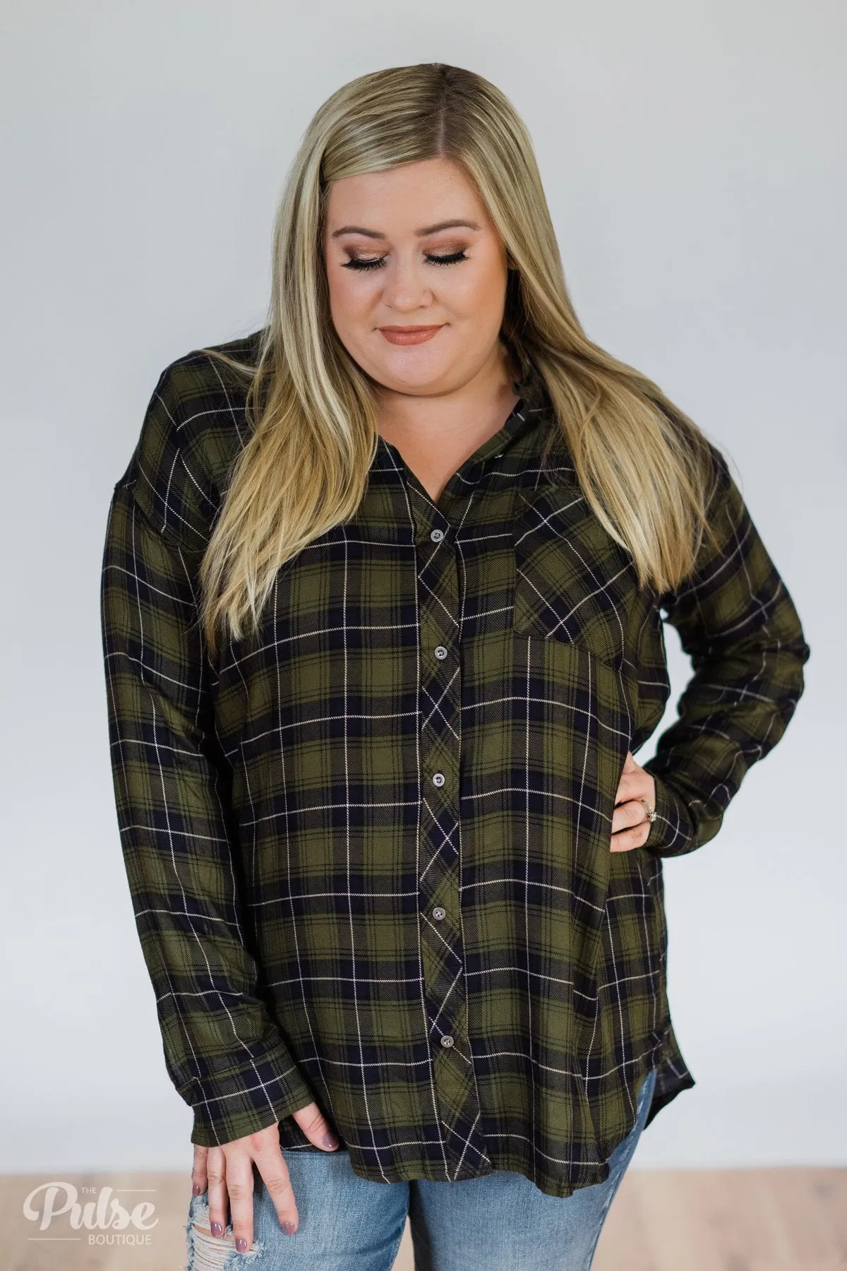 Take It Away Plaid Top- Olive & Navy