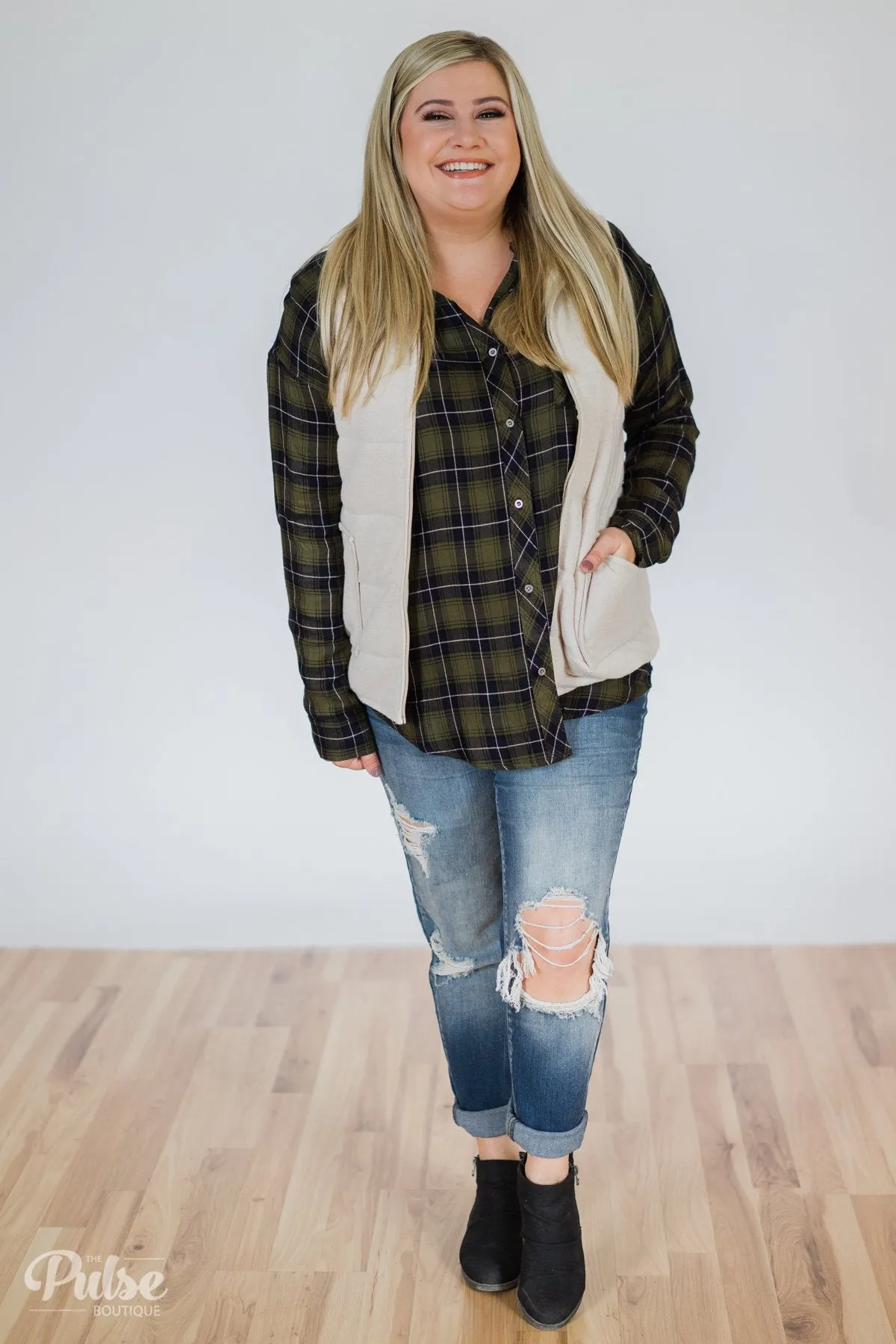 Take It Away Plaid Top- Olive & Navy