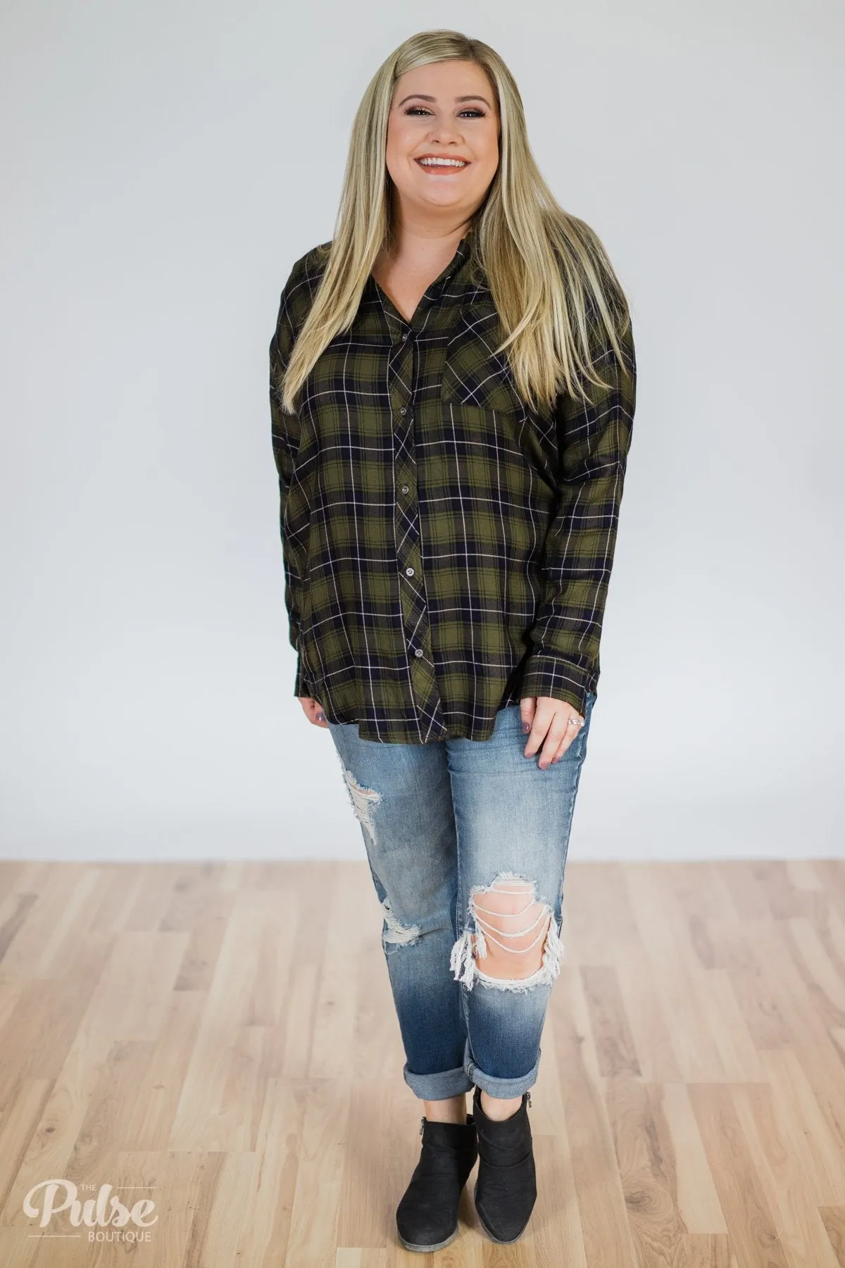 Take It Away Plaid Top- Olive & Navy