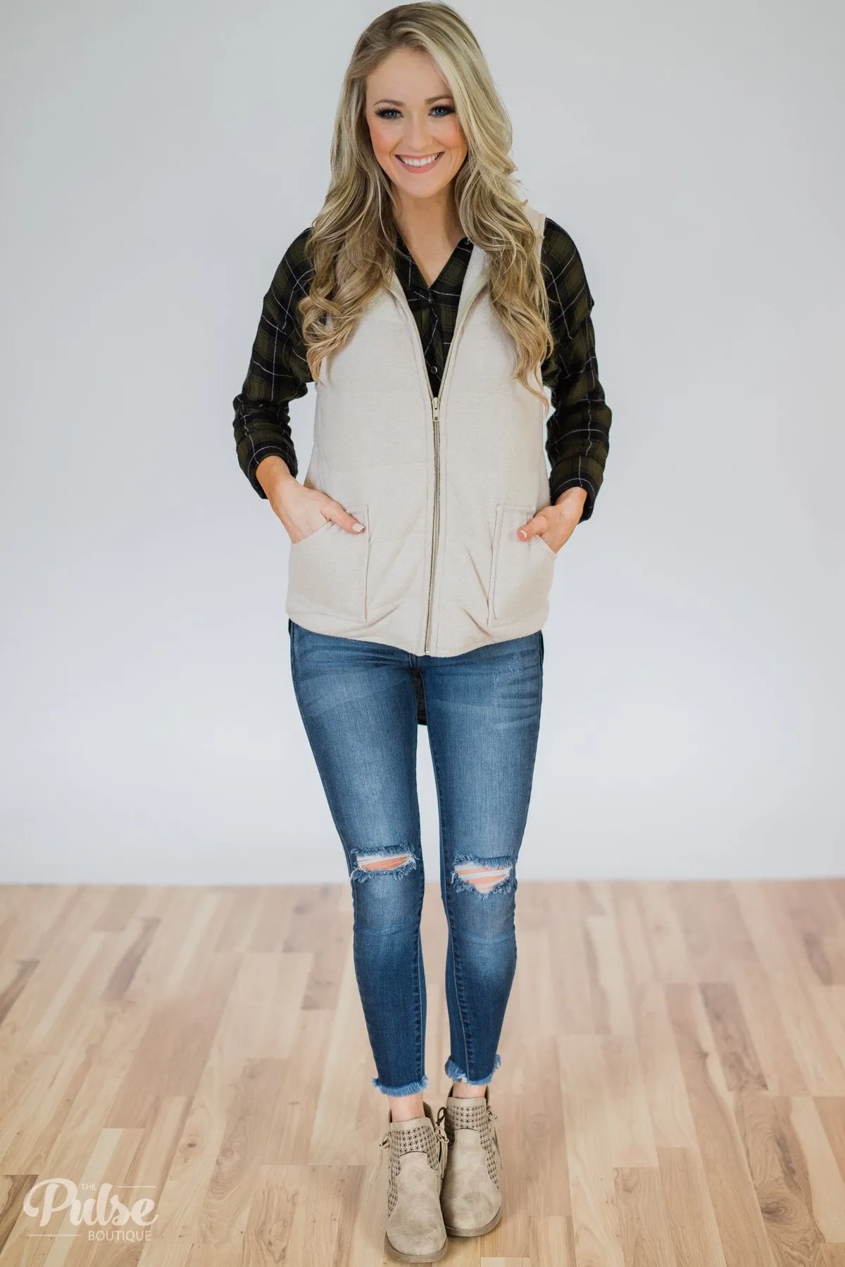 Take It Away Plaid Top- Olive & Navy