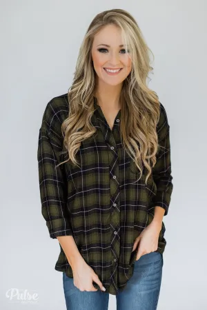 Take It Away Plaid Top- Olive & Navy