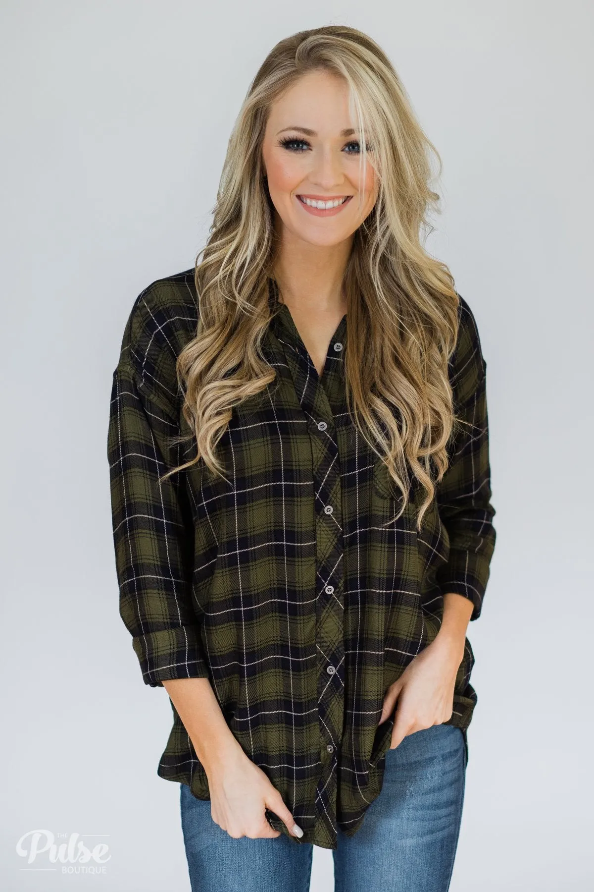 Take It Away Plaid Top- Olive & Navy