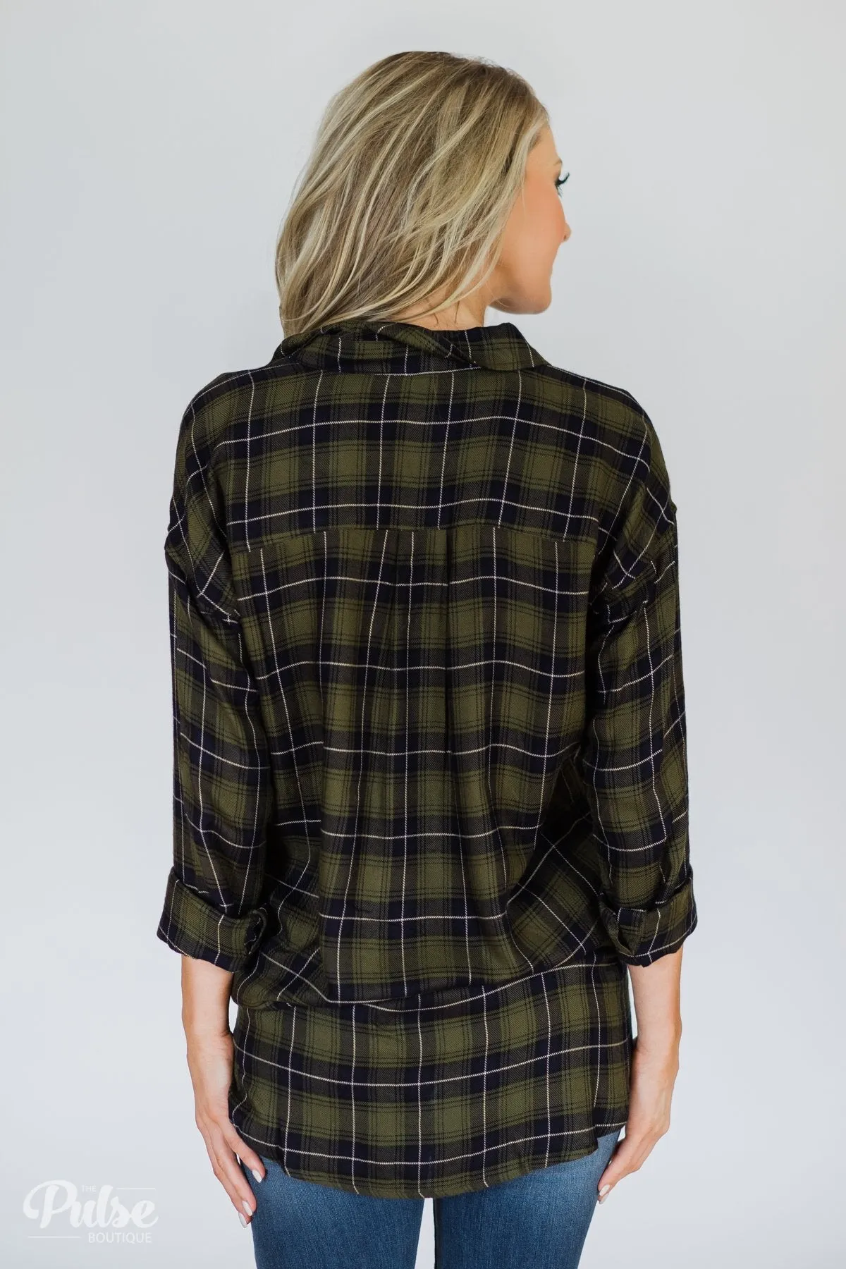 Take It Away Plaid Top- Olive & Navy