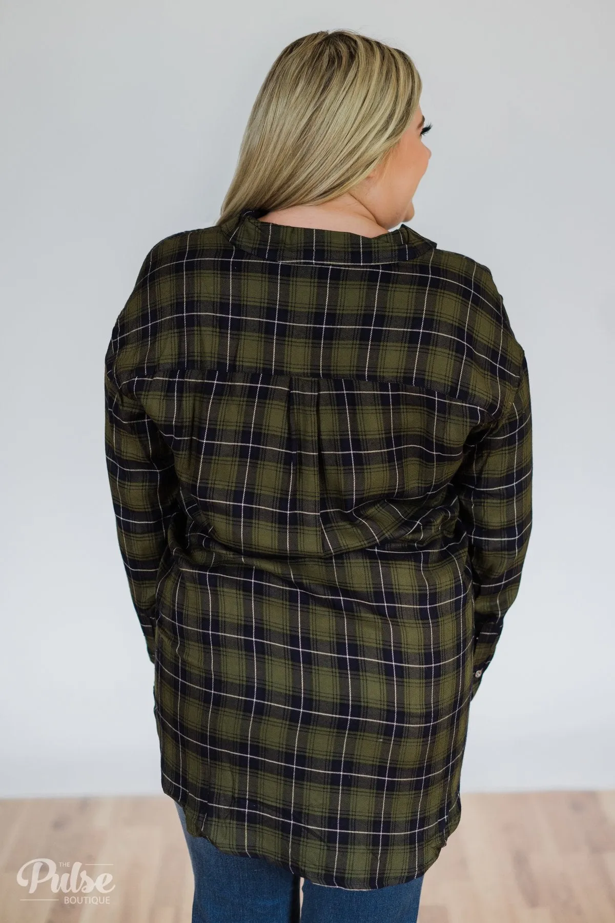 Take It Away Plaid Top- Olive & Navy
