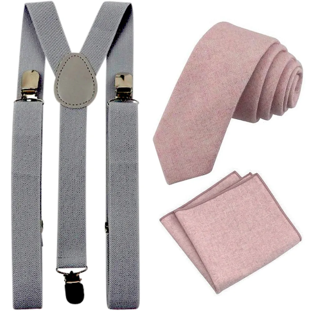Tallulah Dusty Pink Adult Tweed Wool Tie and Pocket Square with Slate Grey Braces Set