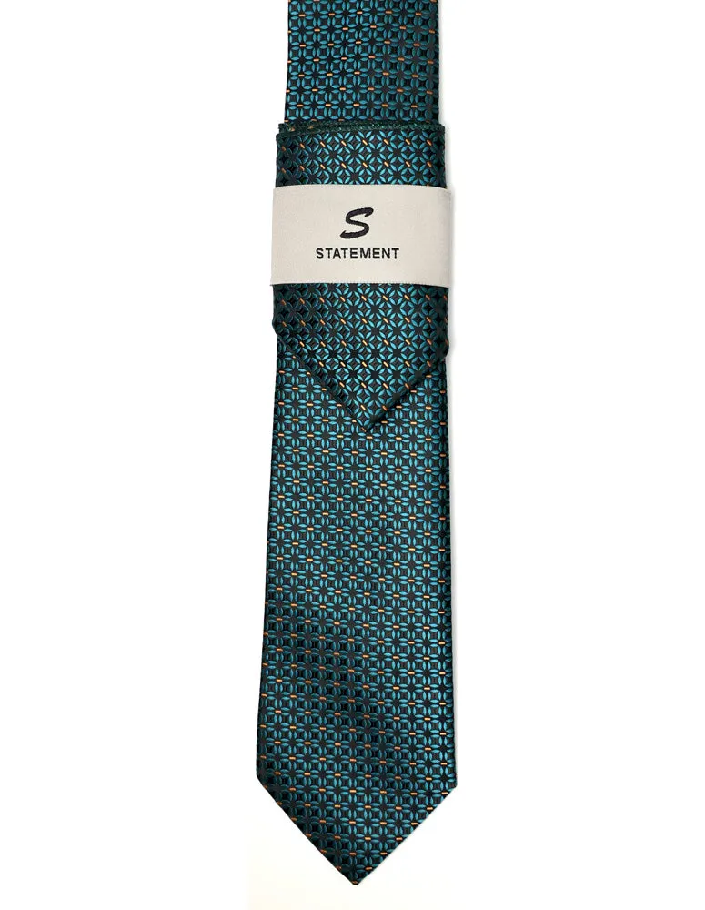 TEAL GEO 2 PC TIE & HANKIE SET